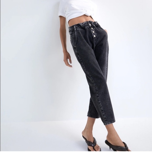 Zara Charcoal Grey Black High Waisted Paper‎ Bag Cropped Jeans Size 10 - Picture 1 of 6